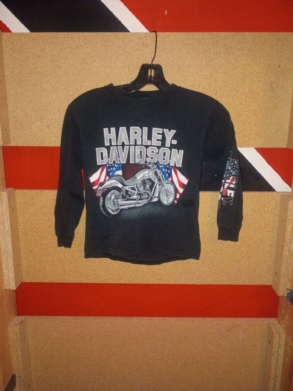 Harley Davidson Long Sleeve T-Shirt Size S Black Motorcycle Flag Graphic